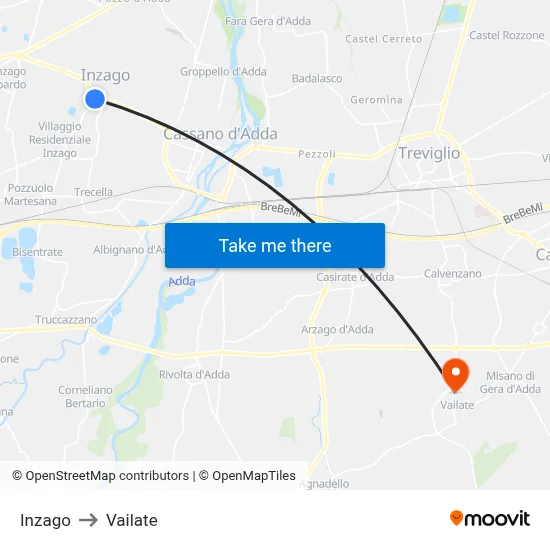 Inzago to Vailate map