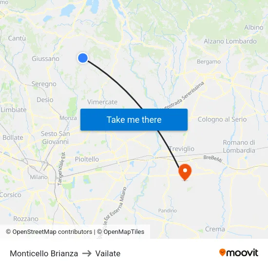 Monticello Brianza to Vailate map