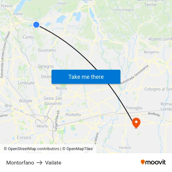 Montorfano to Vailate map