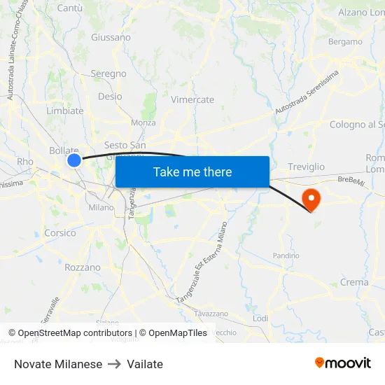 Novate Milanese to Vailate map