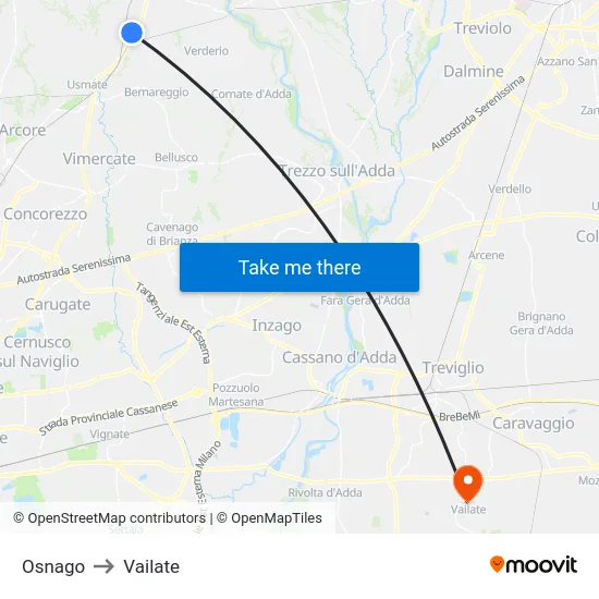 Osnago to Vailate map