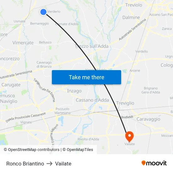 Ronco Briantino to Vailate map