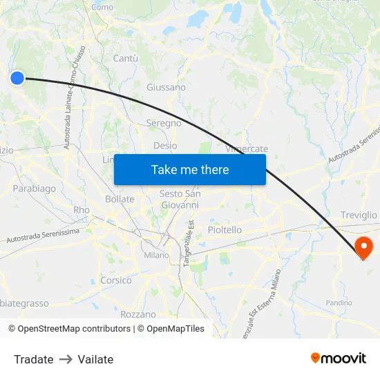 Tradate to Vailate map