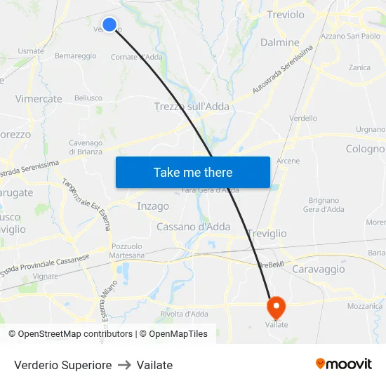 Verderio Superiore to Vailate map