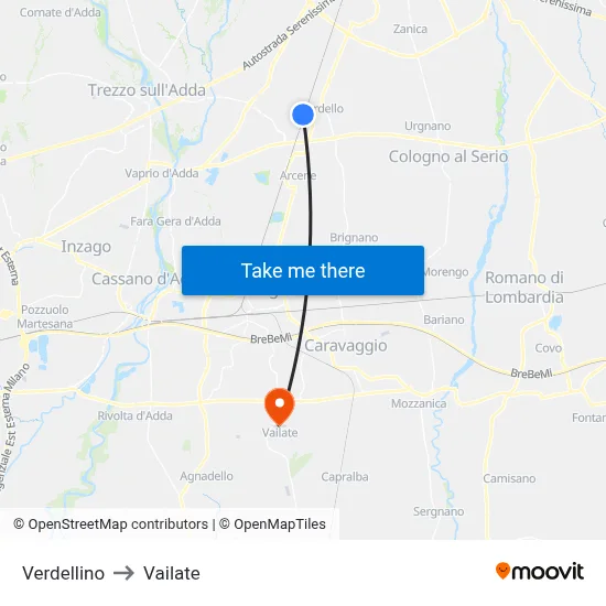 Verdellino to Vailate map