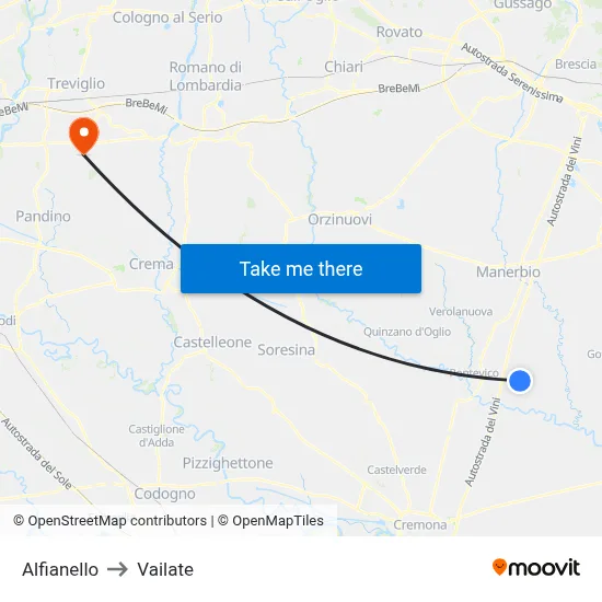 Alfianello to Vailate map