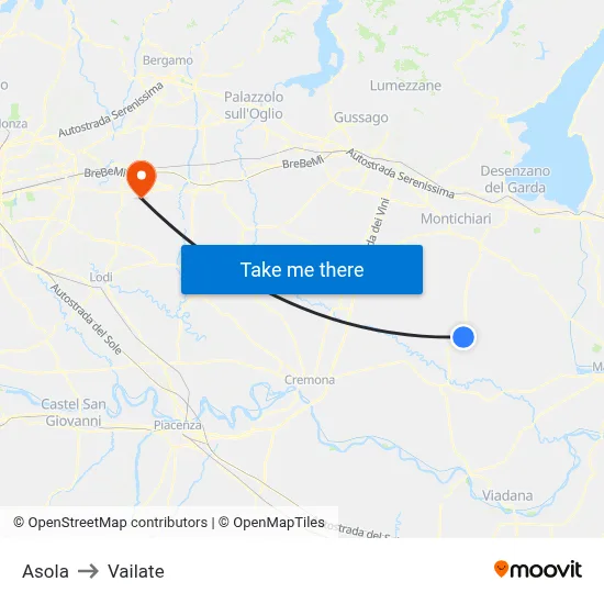 Asola to Vailate map