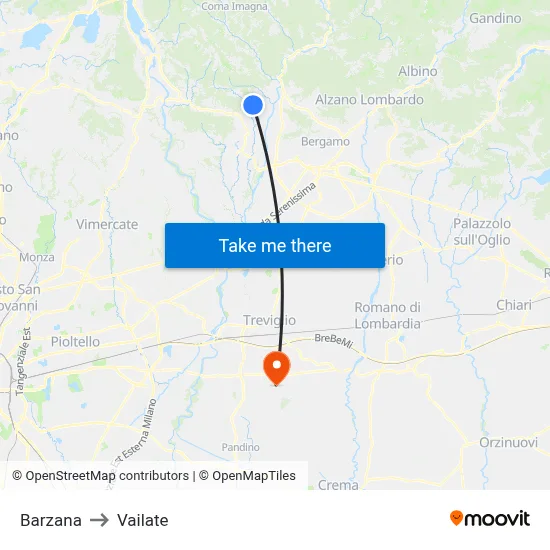 Barzana to Vailate map
