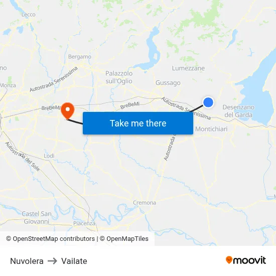 Nuvolera to Vailate map