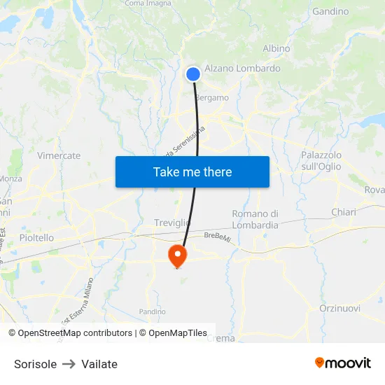 Sorisole to Vailate map