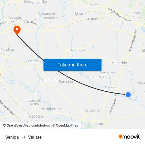 Seniga to Vailate map