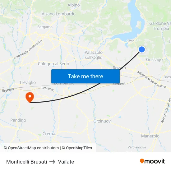 Monticelli Brusati to Vailate map