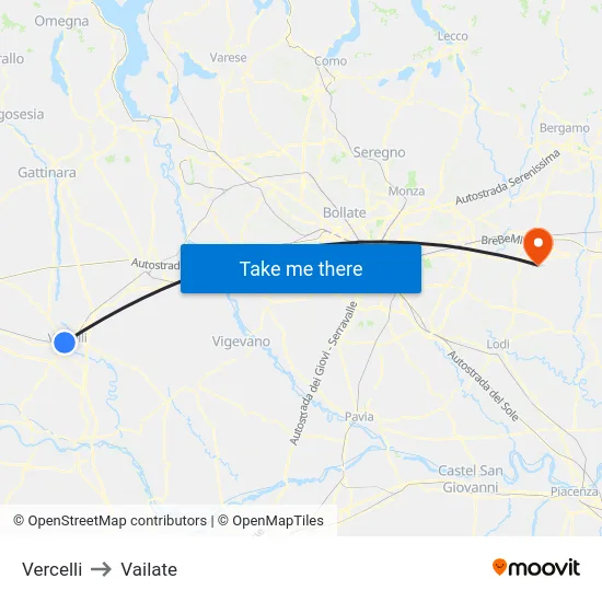 Vercelli to Vailate map