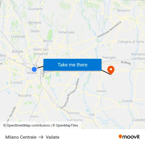 Milan Central to Vailate map
