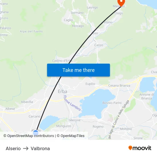 Alserio to Valbrona map