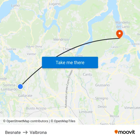 Besnate to Valbrona map