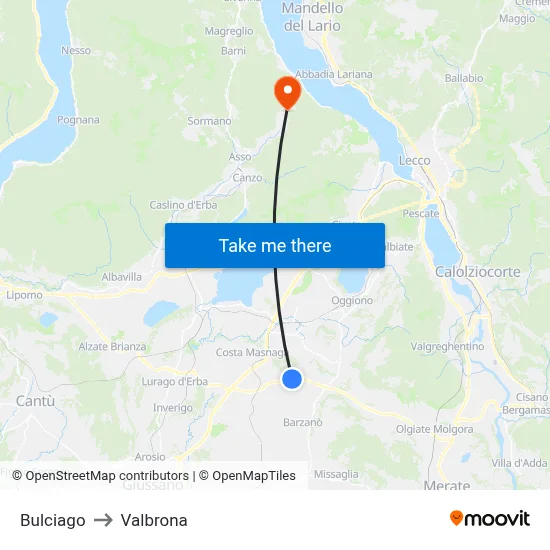 Bulciago to Valbrona map