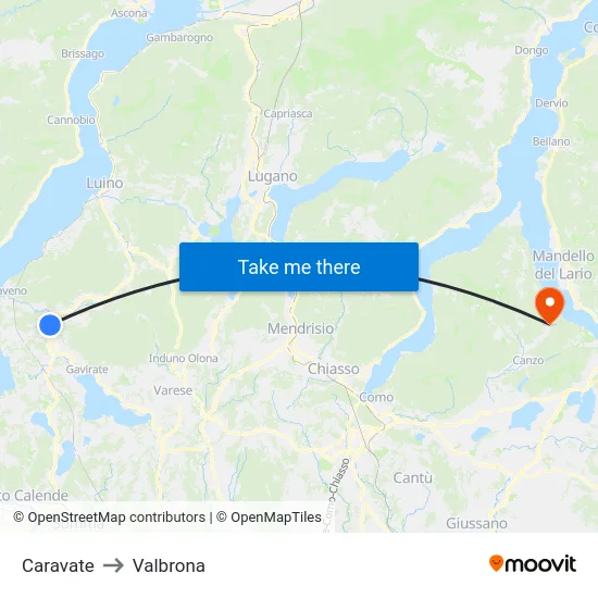 Caravate to Valbrona map