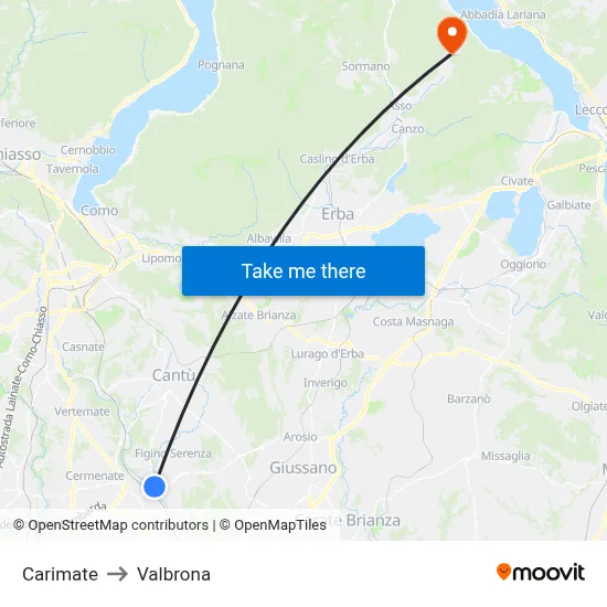 Carimate to Valbrona map