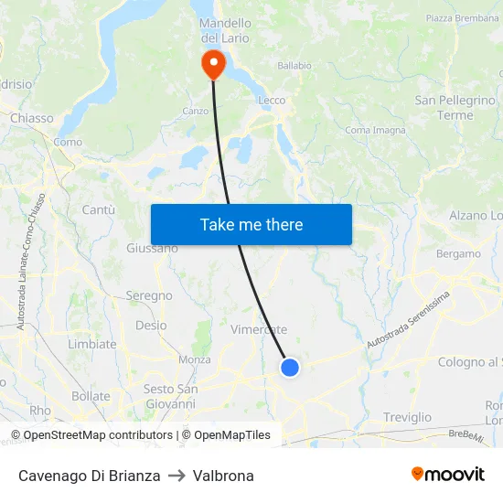 Cavenago Di Brianza to Valbrona map