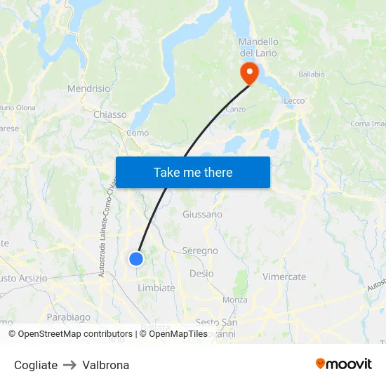 Cogliate to Valbrona map