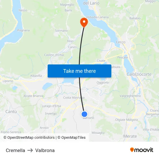 Cremella to Valbrona map