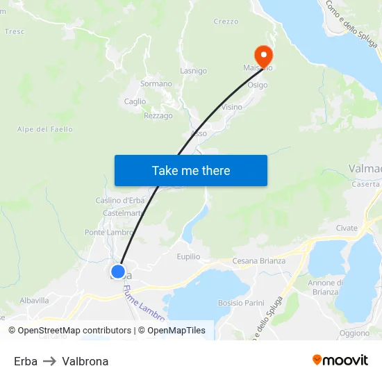 Erba to Valbrona map