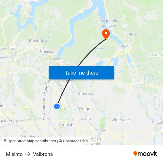 Misinto to Valbrona map