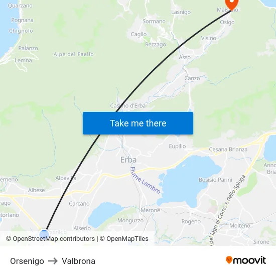 Orsenigo to Valbrona map