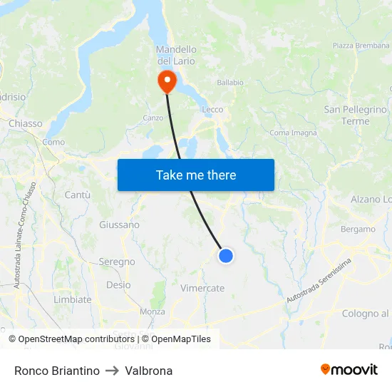 Ronco Briantino to Valbrona map