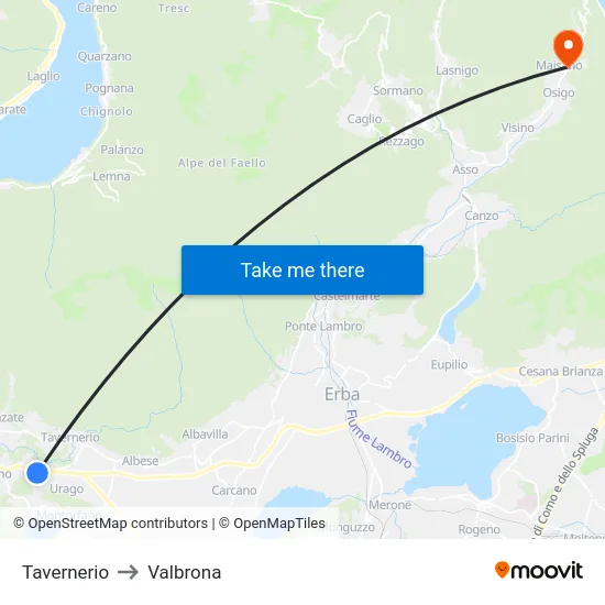 Tavernerio to Valbrona map