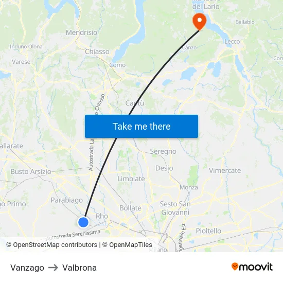 Vanzago to Valbrona map