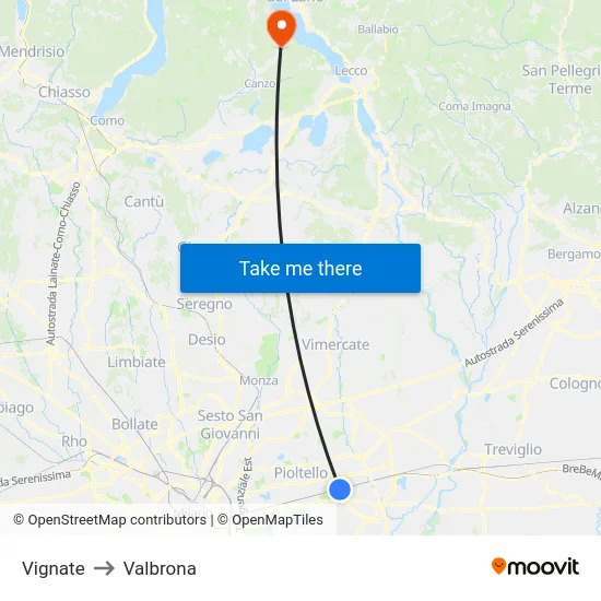 Vignate to Valbrona map