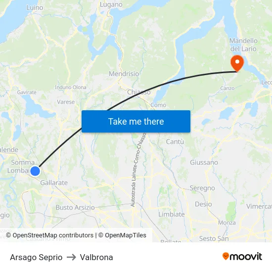 Arsago Seprio to Valbrona map