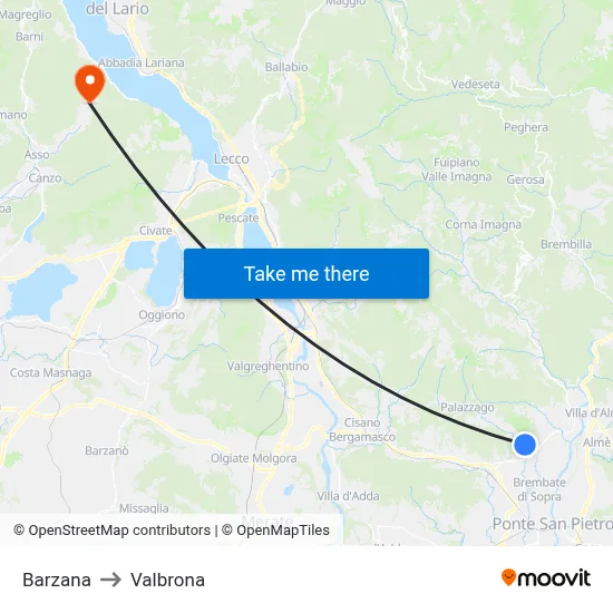 Barzana to Valbrona map
