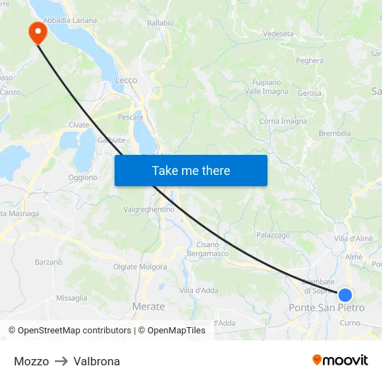 Mozzo to Valbrona map
