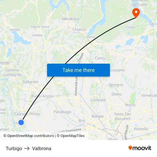 Turbigo to Valbrona map