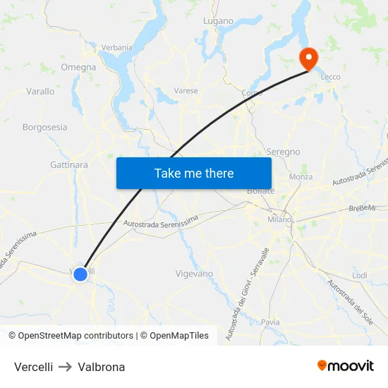Vercelli to Valbrona map