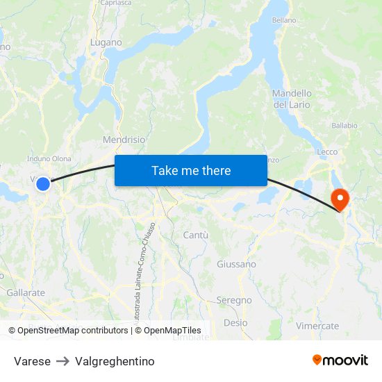 Varese to Valgreghentino map