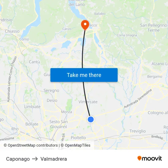 Caponago to Valmadrera map