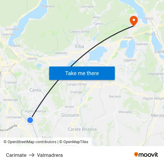 Carimate to Valmadrera map