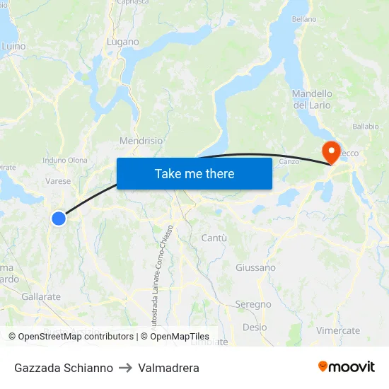 Gazzada Schianno to Valmadrera map