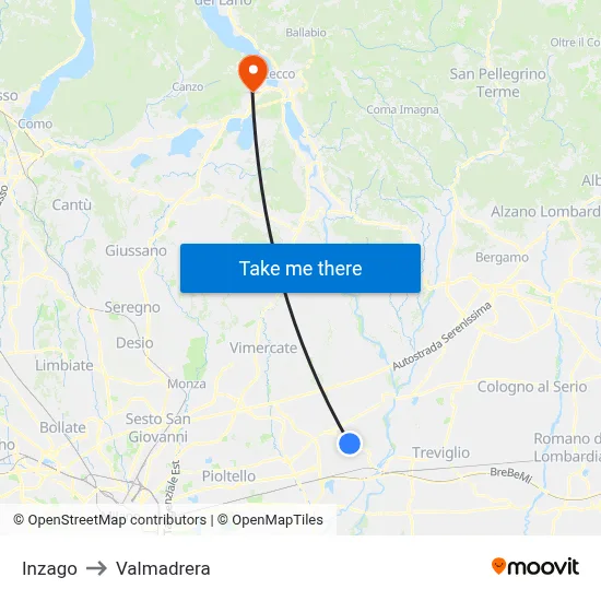 Inzago to Valmadrera map
