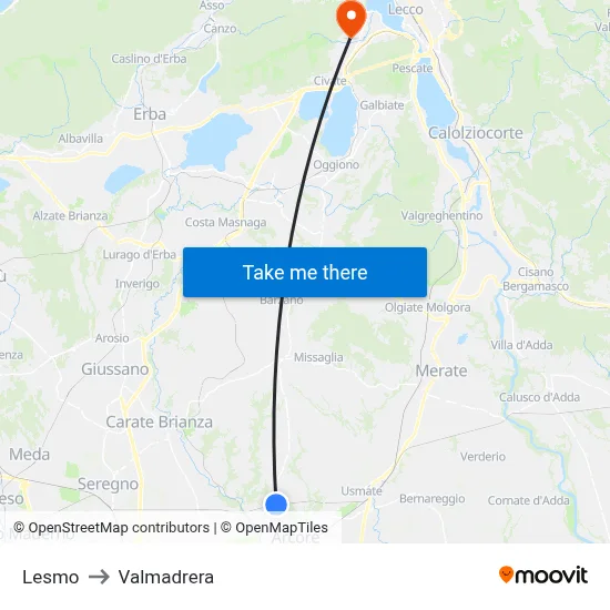 Lesmo to Valmadrera map