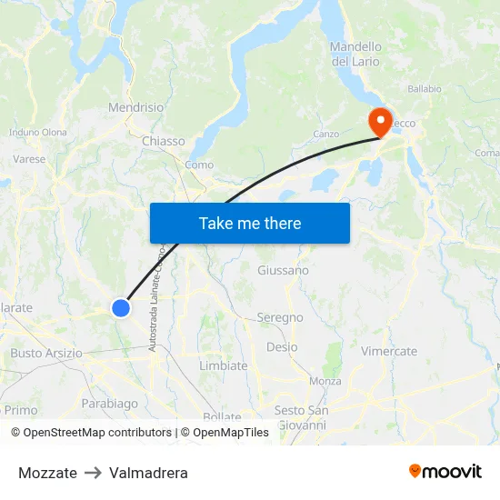 Mozzate to Valmadrera map