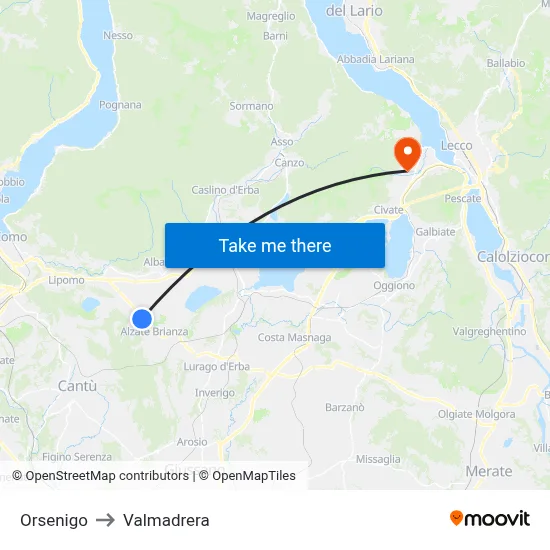 Orsenigo to Valmadrera map