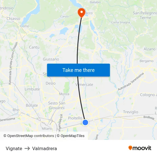 Vignate to Valmadrera map