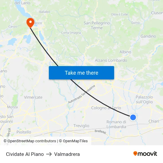 Cividate al Piano to Valmadrera map