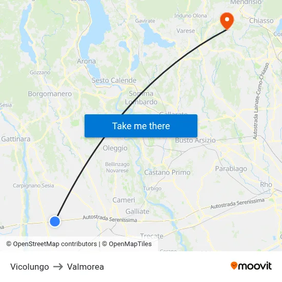 Vicolungo to Valmorea map