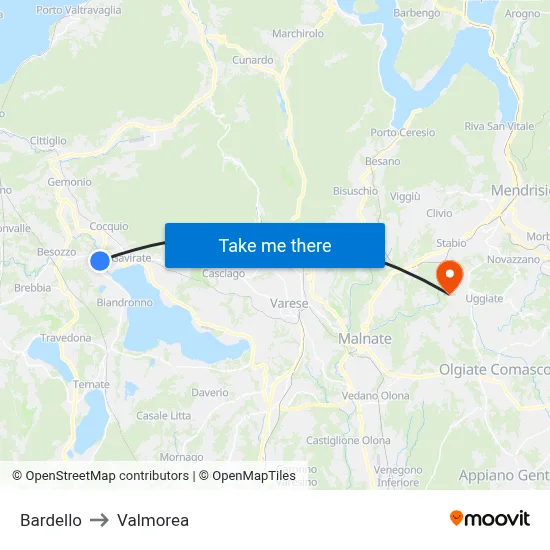 Bardello to Valmorea map